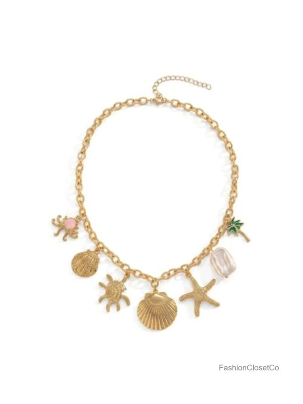 Vintage Boho Beach Charm Necklace - Chunky Gold Tone Statement Jewelry